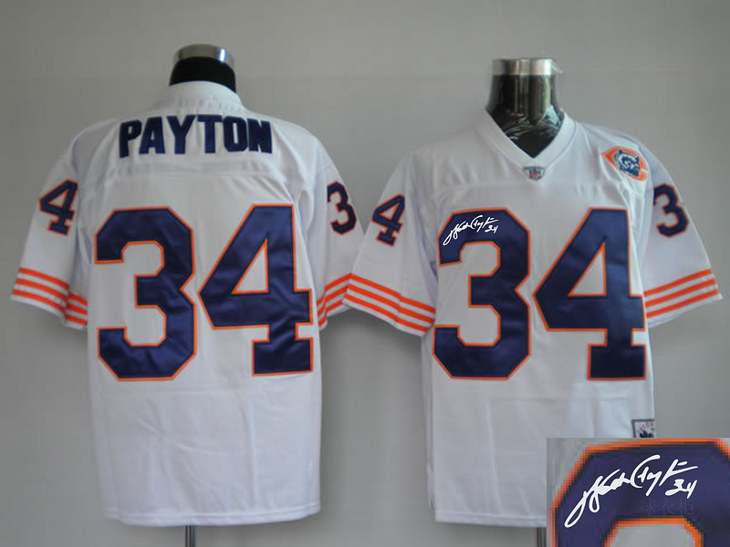 Bears 34 Payton White Big Number Throwback Signature Edition Jerseys