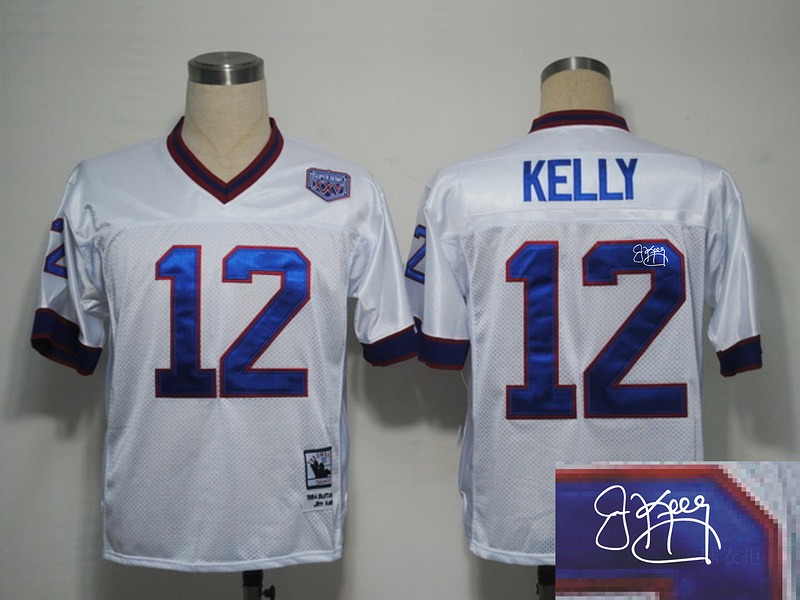 Bills 12 Kelly White Throwback Signature Edition Jerseys
