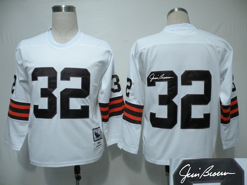 Browns 32 Brown White Long Sleeve Throwback Signature Edition Jerseys
