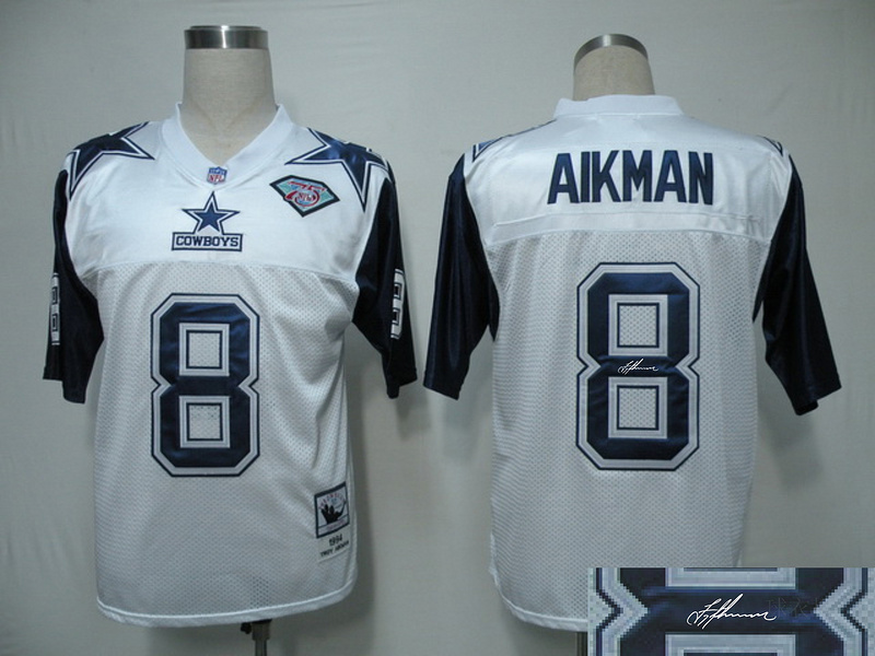 Cowboys 8 Aikman White Throwback Signature Edition Jerseys