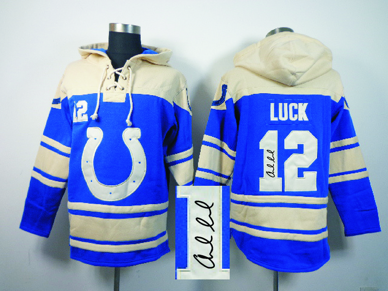 Nike Colts 12 Andrew Luck Blue All Stitched Signed Hooded Sweatshirt