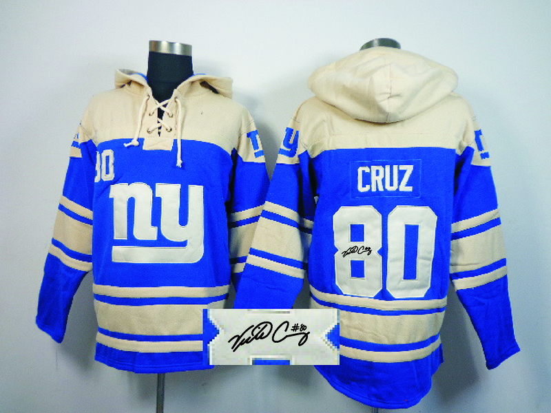 Nike Giants 80 Victor Cruz Blue All Stitched Signed Hooded Sweatshirt