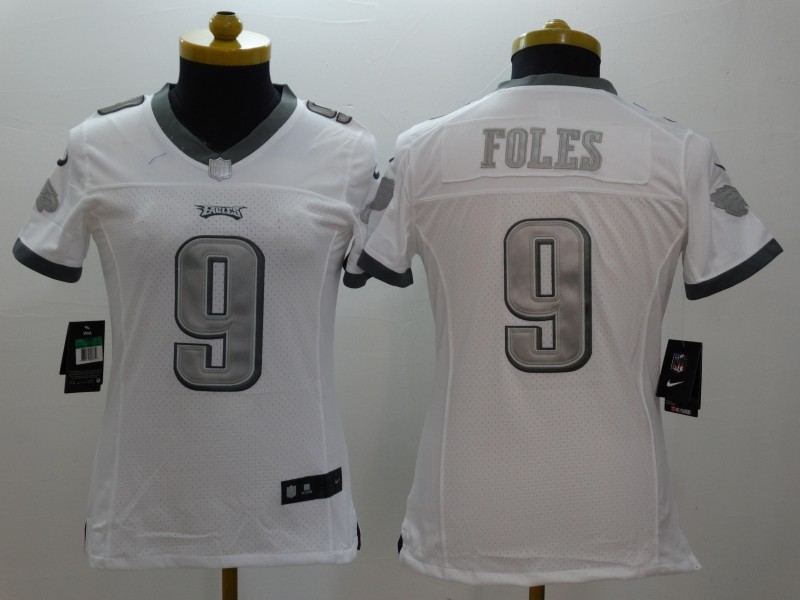 Nike Eagles 9 Foles White Platinum Women Limited Jerseys