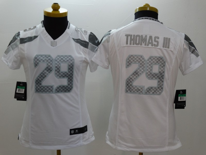 Nike Seahawks 29 Thomas III Wilson White Platinum Women Limited Jerseys