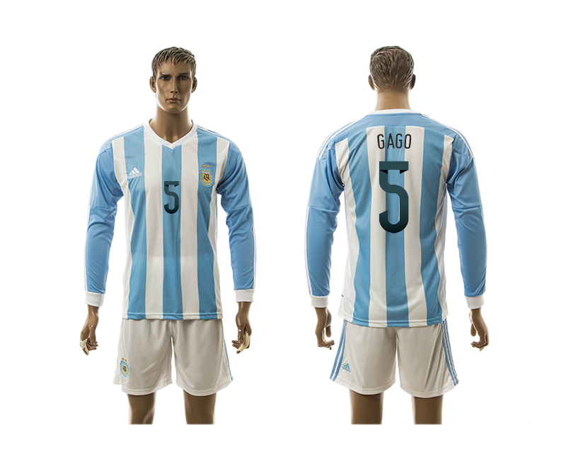 2015-16 Argentina 5 Gago Home Long Sleeve Jersey