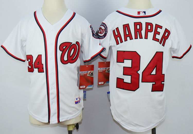 Nationals 34 Bryce Harper White Cool Base Youth Jersey - Click Image to Close