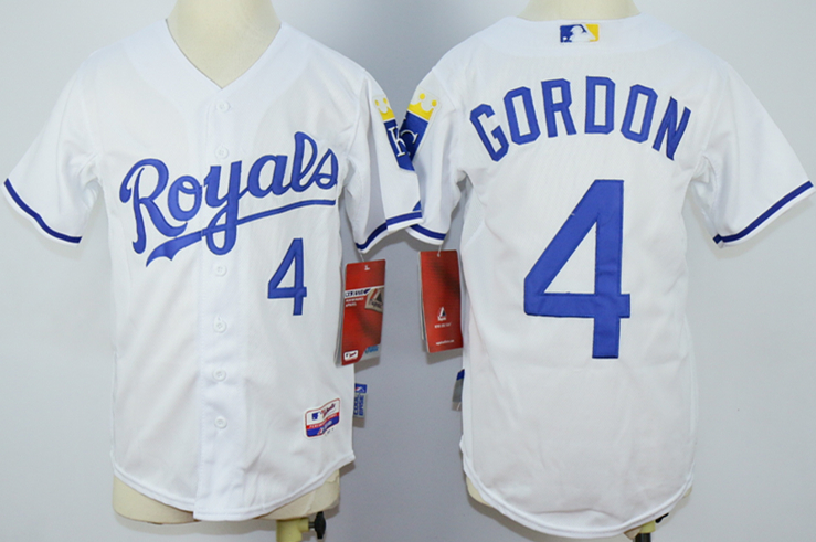 Royals 4 Alex Gordon White Cool Base Youth Jersey - Click Image to Close