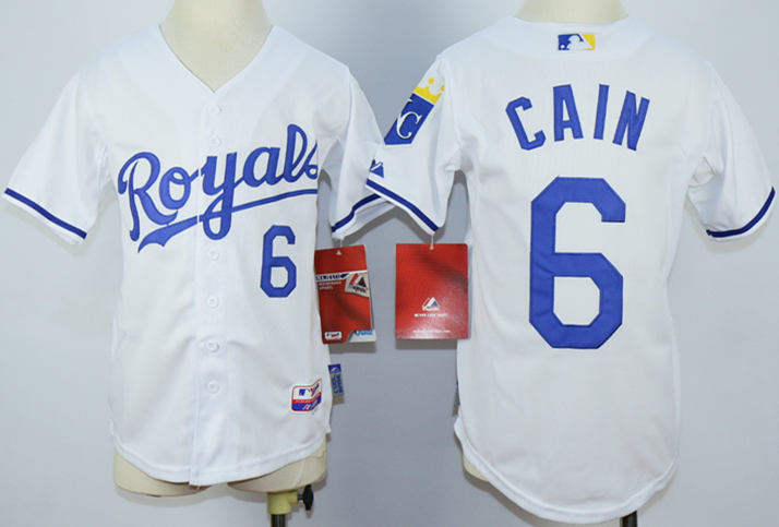 Royals 6 Lorenzo Cain White Cool Base Youth Jersey - Click Image to Close