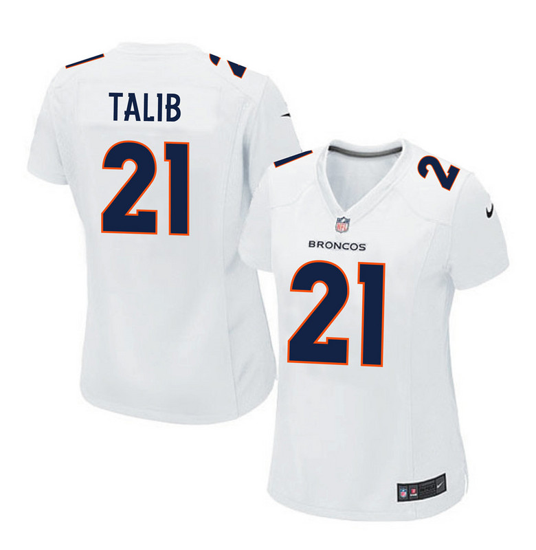 Nike Broncos 21 Aqib Talib White Women Game Event Jersey - Click Image to Close