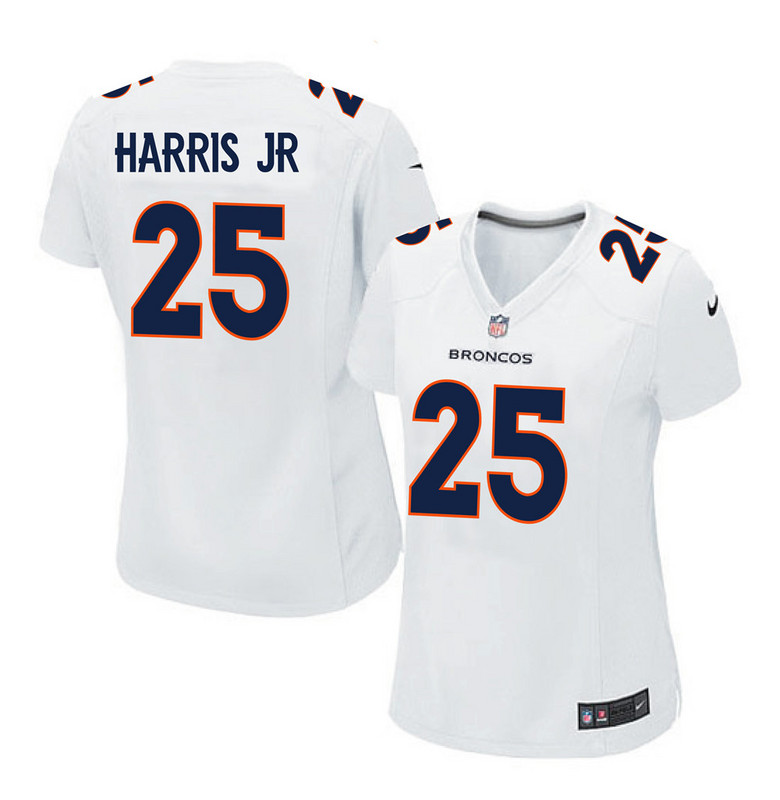 Nike Broncos 25 Chris Harris Jr White Women Game Event Jersey - Click Image to Close