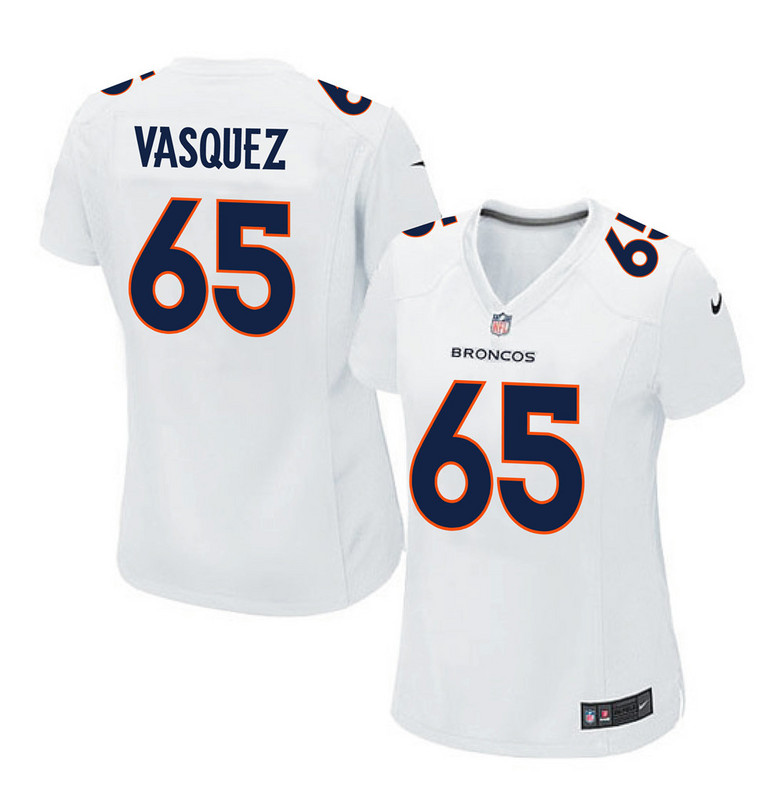 Nike Broncos 65 Louis Vasquez White Women Game Event Jersey