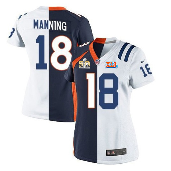 Nike Broncos 18 Peyton Manning Blue And White Split Super Bowl 50 Women Jersey