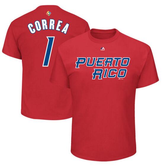 Puerto Rico Baseball 1 Carlos Correa Majestic 2017 World Baseball Classic Name & Number T-Shirt Red