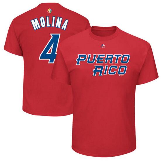 Puerto Rico Baseball 4 Yadier Molina Majestic 2017 World Baseball Classic Name & Number T-Shirt Red