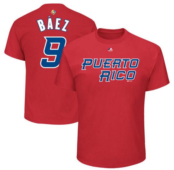 Puerto Rico Baseball 9 Javier Baez Majestic 2017 World Baseball Classic Name & Number T-Shirt Red