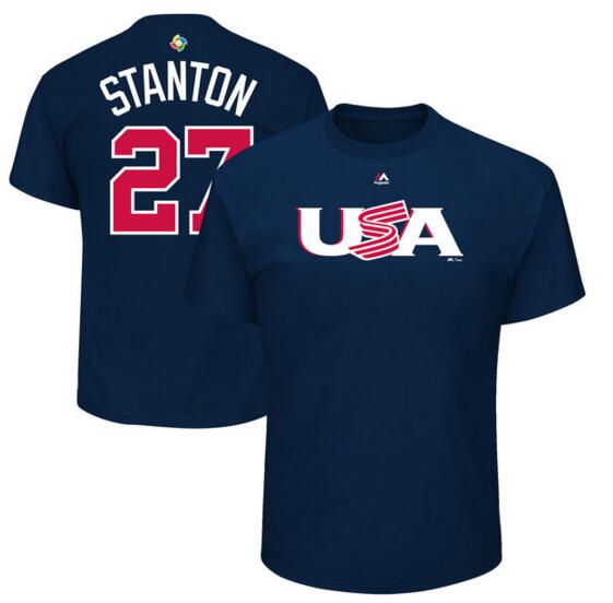 USA Baseball 27 Giancarlo Stanton Majestic 2017 World Baseball Classic Name & Number T-Shirt Navy