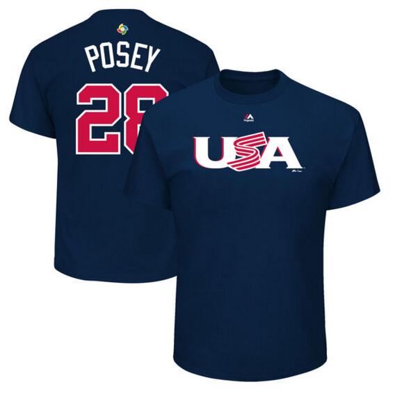 USA Baseball 28 Buster Posey Majestic 2017 World Baseball Classic Name & Number T-Shirt Navy