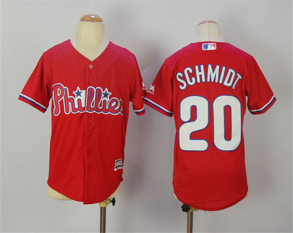 Phillies 20 Mike Schmidt Red Youth Cool Base Jersey - Click Image to Close