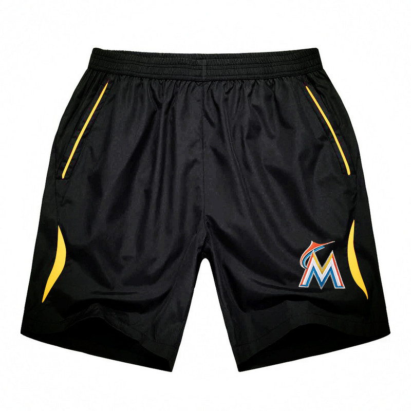 Men's Miami Marlins Black Gold Stripe MLB Shorts - Click Image to Close