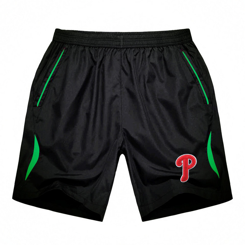 Men's Philadelphia Phillies Black Green Stripe MLB Shorts - Click Image to Close