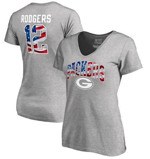 Aaron Rodgers Green Bay Packers NFL Pro Line by Fanatics Branded Women's Banner Wave Name & Number T Shirt Heathered Gray