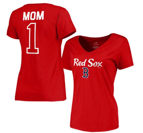 Boston Red Sox Women's 2017 Mother's Day #1 Mom V Neck T Shirt Red
