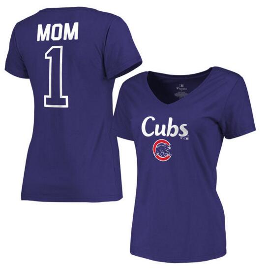 Chicago Cubs Women's 2017 Mother's Day #1 Mom V Neck T Shirt Royal