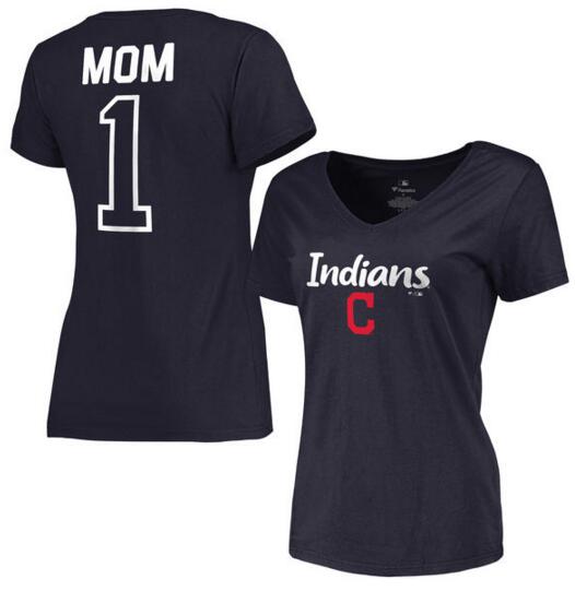 Cleveland Indians Women's 2017 Mother's Day #1 Mom V Neck T Shirt Navy - Click Image to Close