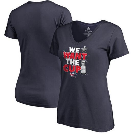 Columbus Blue Jackets Fanatics Branded Women's 2017 NHL Stanley Cup Playoff Participant Blue Line Slim Fit V Neck T Shirt Navy - Click Image to Close