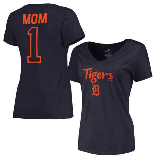 Detroit Tigers Women's 2017 Mother's Day #1 Mom V Neck T Shirt Navy