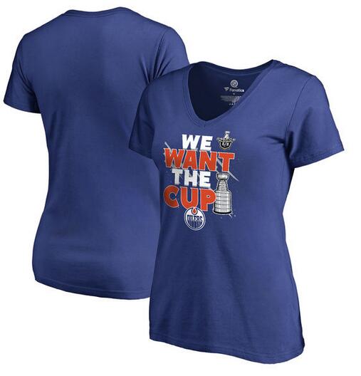 Edmonton Oilers Fanatics Branded Women's 2017 NHL Stanley Cup Playoff Participant Blue Line Slim Fit V Neck T Shirt Royal - Click Image to Close