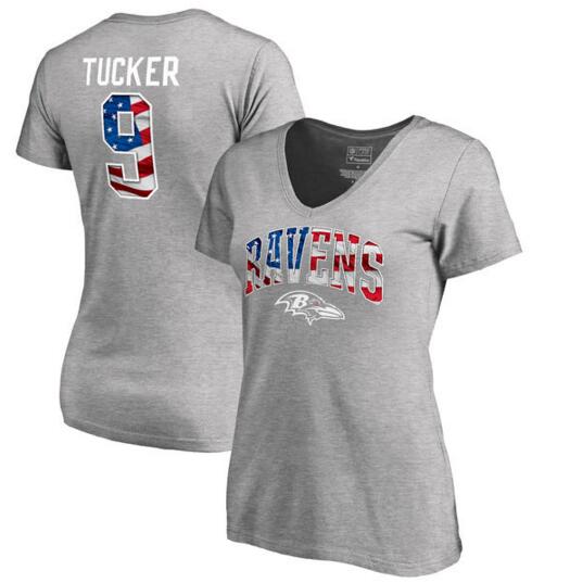 Justin Tucker Baltimore Ravens NFL Pro Line by Fanatics Branded Women's Banner Wave Name & Number T Shirt Heathered Gray