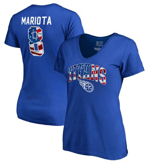 Marcus Mariota Tennessee Titans NFL Pro Line by Fanatics Branded Women's Banner Wave Name & Number T Shirt Royal - Click Image to Close