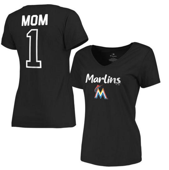Miami Marlins Women's 2017 Mother's Day #1 Mom V Neck T Shirt Black