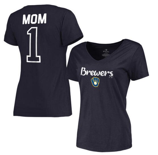 Milwaukee Brewers Women's 2017 Mother's Day #1 Mom V Neck T Shirt Navy - Click Image to Close