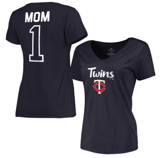 Minnesota Twins Women's 2017 Mother's Day #1 Mom V Neck T Shirt Navy - Click Image to Close