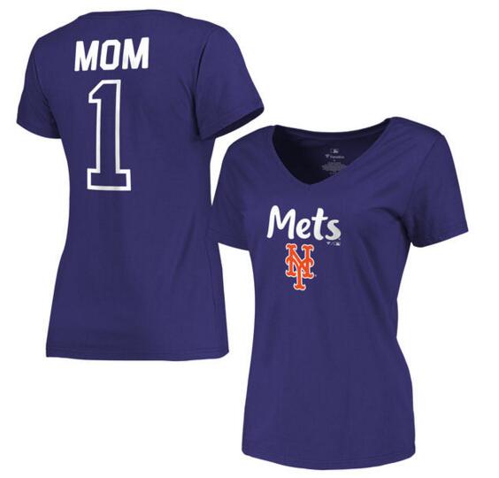 New York Mets Women's 2017 Mother's Day #1 Mom V Neck T Shirt Royal