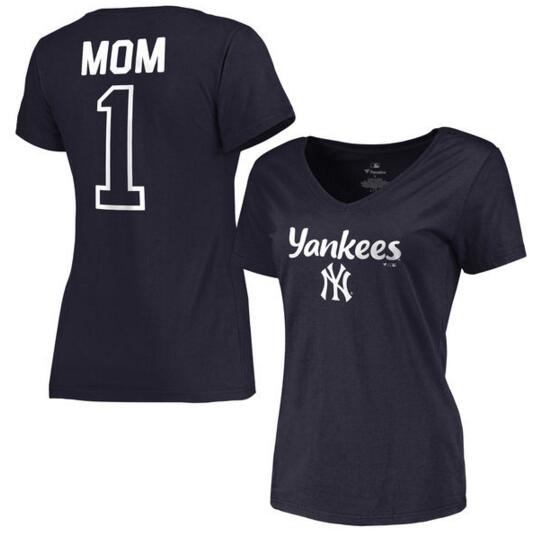 New York Yankees Women's 2017 Mother's Day #1 Mom V Neck T Shirt Navy
