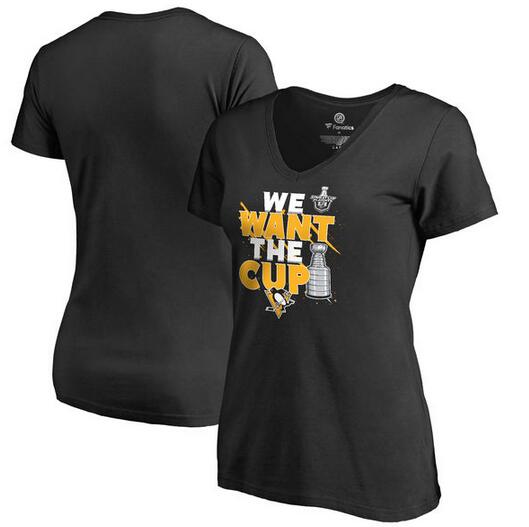 Pittsburgh Penguins Fanatics Branded Women's 2017 NHL Stanley Cup Playoff Participant Blue Line Slim Fit V Neck T Shirt Black - Click Image to Close