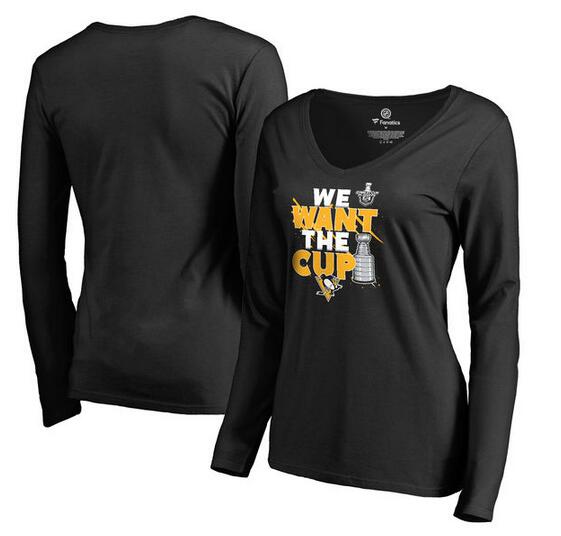 Pittsburgh Penguins Fanatics Branded Women's 2017 NHL Stanley Cup Playoff Participant Blue Line V Neck Long Sleeve T Shirt Black
