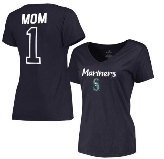 Seattle Mariners Women's 2017 Mother's Day #1 Mom V Neck T Shirt Navy