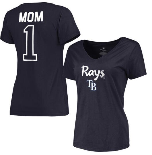 Tampa Bay Rays Women's 2017 Mother's Day #1 Mom V Neck T Shirt Navy - Click Image to Close