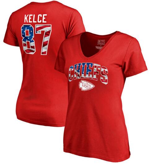 Travis Kelce Kansas City Chiefs NFL Pro Line by Fanatics Branded Women's Banner Wave Name & Number T Shirt Red