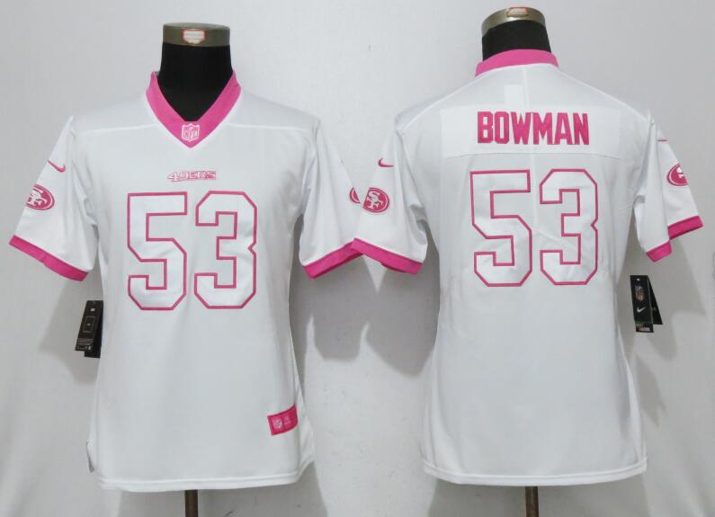 Nike 49ers 53 NaVorro Bowman White Pink Women Game Jersey