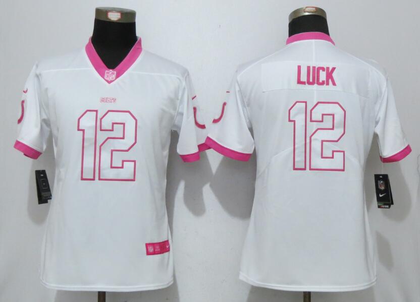Nike Colts 12 Andrew Luck White Pink Women Game Jersey - Click Image to Close