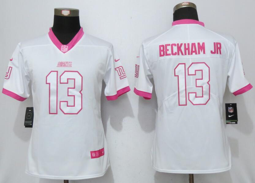 Nike Giants 13 Odell Beckham Jr White Pink Women Game Jersey