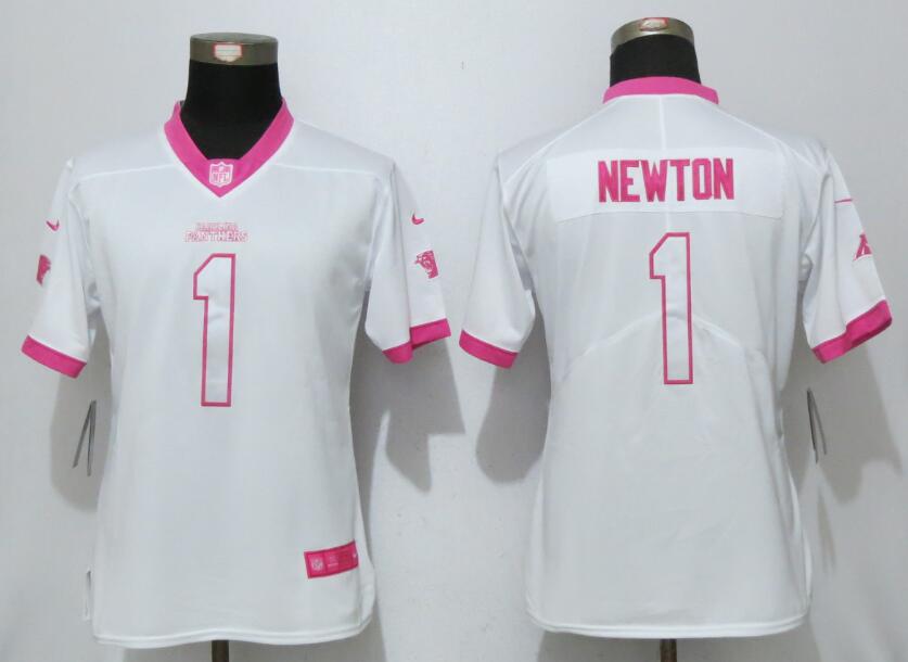 Nike Panthers 1 Cam Newton White Pink Women Game Jersey - Click Image to Close
