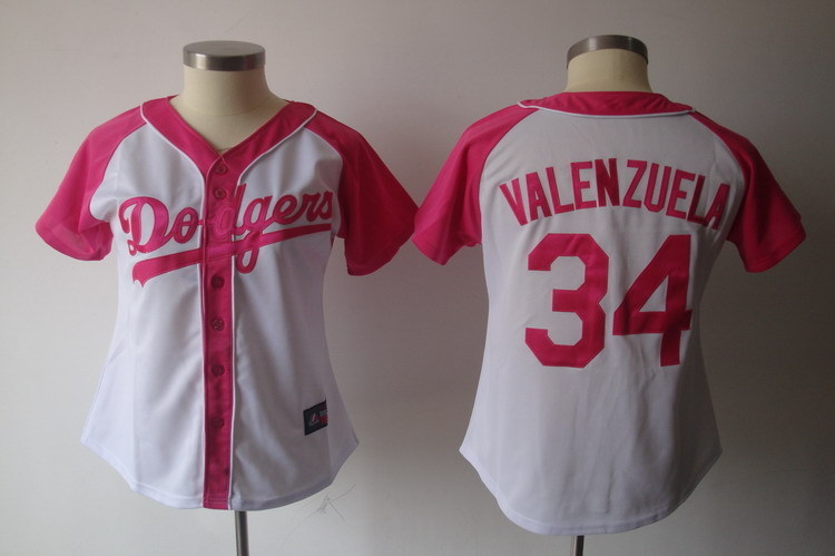 Dodgers 34 Fernando Valenzuela White Women Pink Splash Fashion Jersey