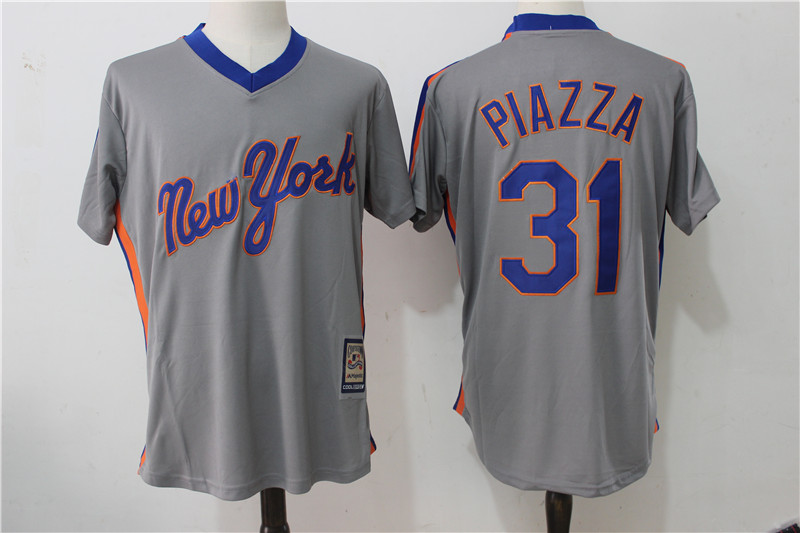 Mets 31 Mike Piazza Gray Cool Base Cooperstown Collection Jersey