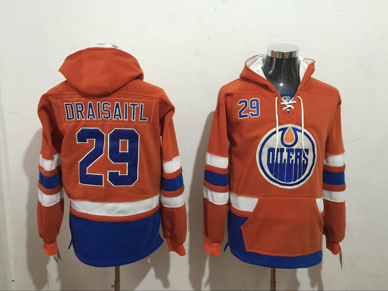 Oilers 29 Leon Draisaitl Orange All Stitched Hooded Sweatshirt - Click Image to Close